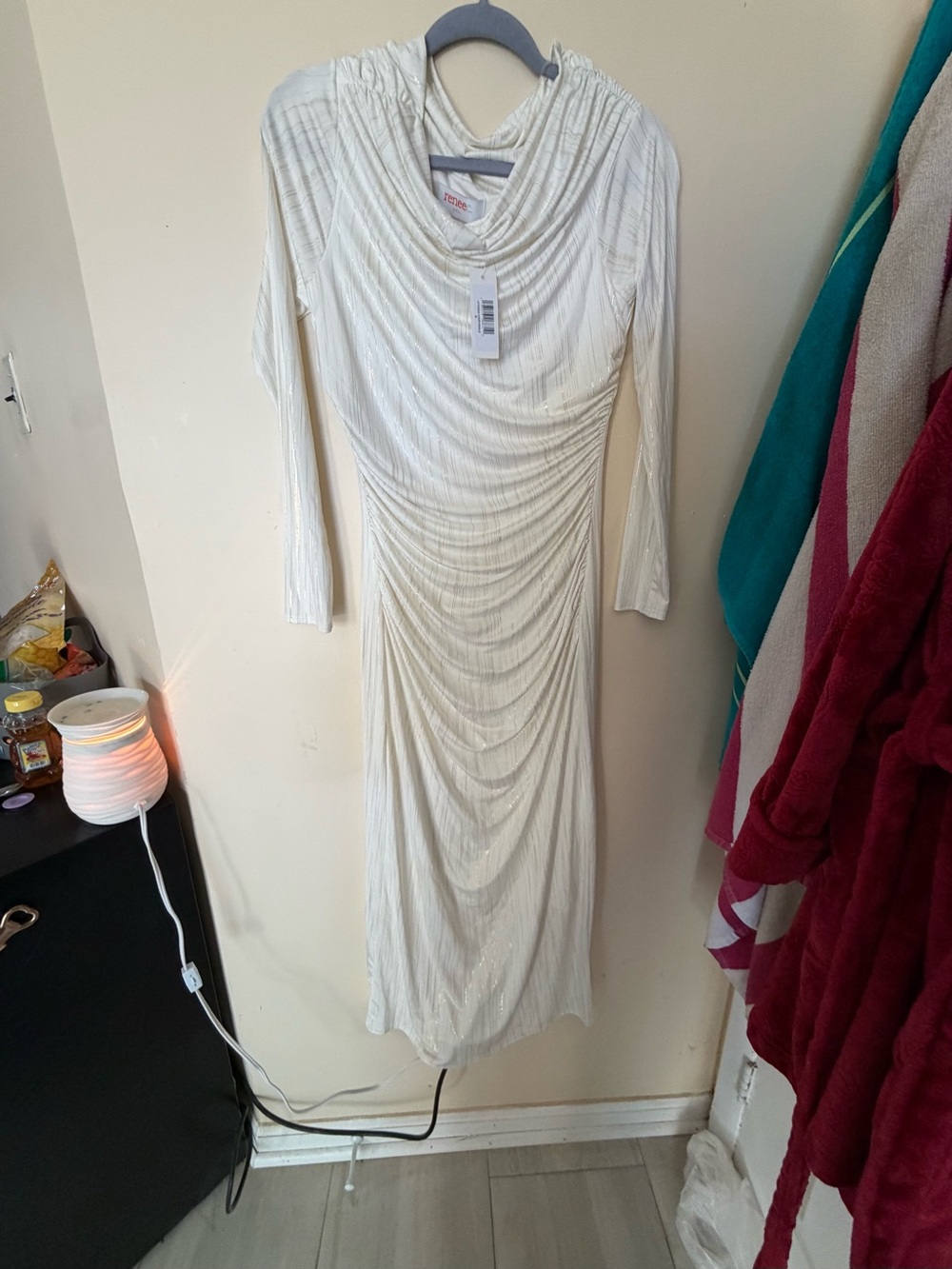 Renee C. Ivory Draped Long-Sleeve Ruched Midi Dress